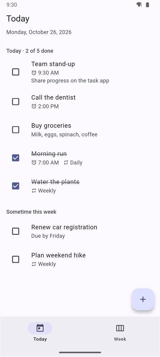 Todolu's Today screen showing a task list